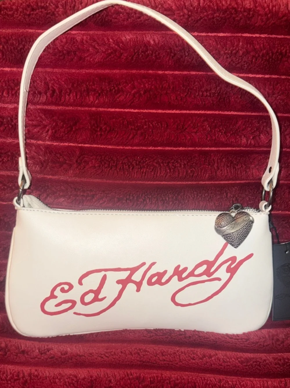 Ed Hardy White Shoulder Bag with Red Graphic and Crystal Skull Patch